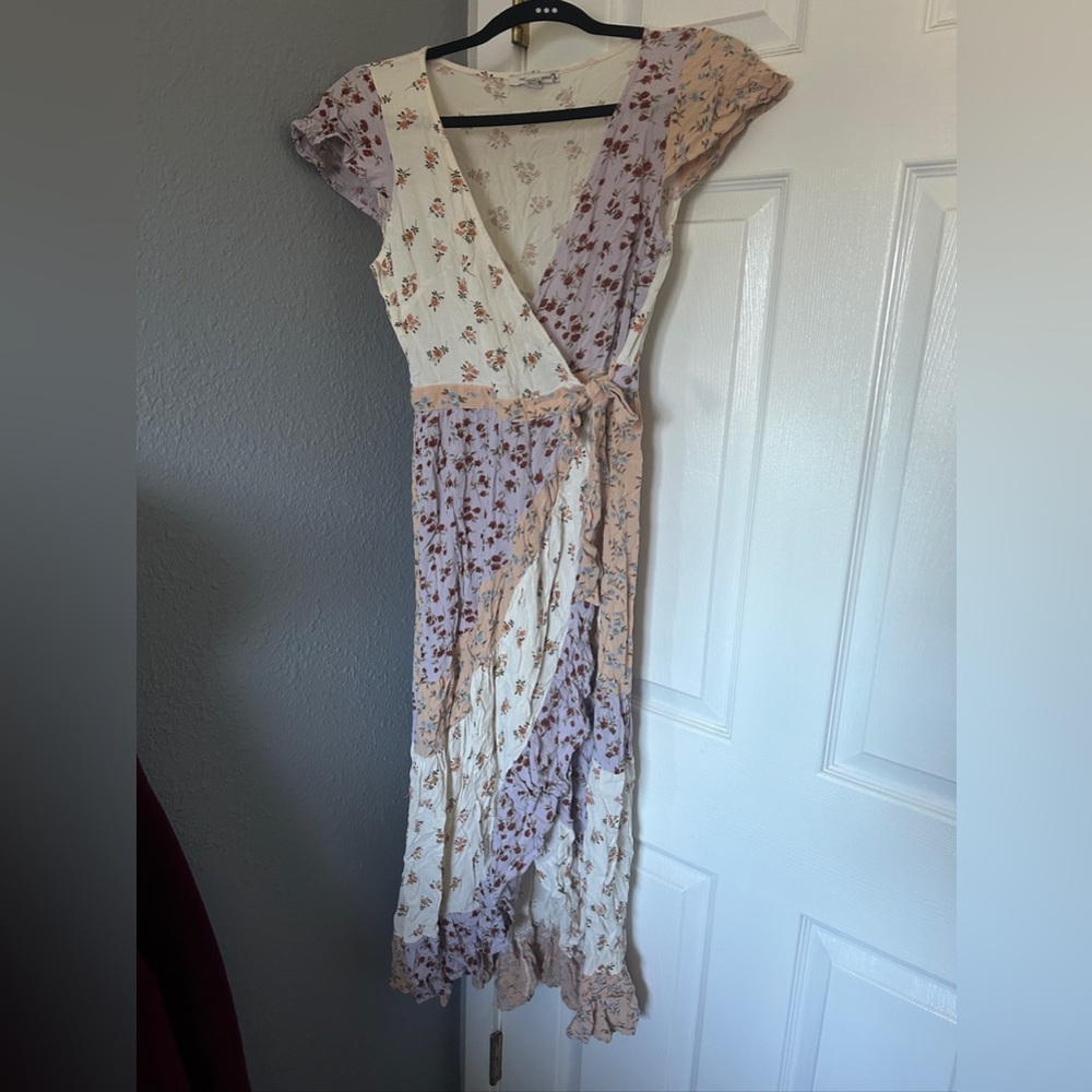 Floral Wrap Dress in Cream and Purple